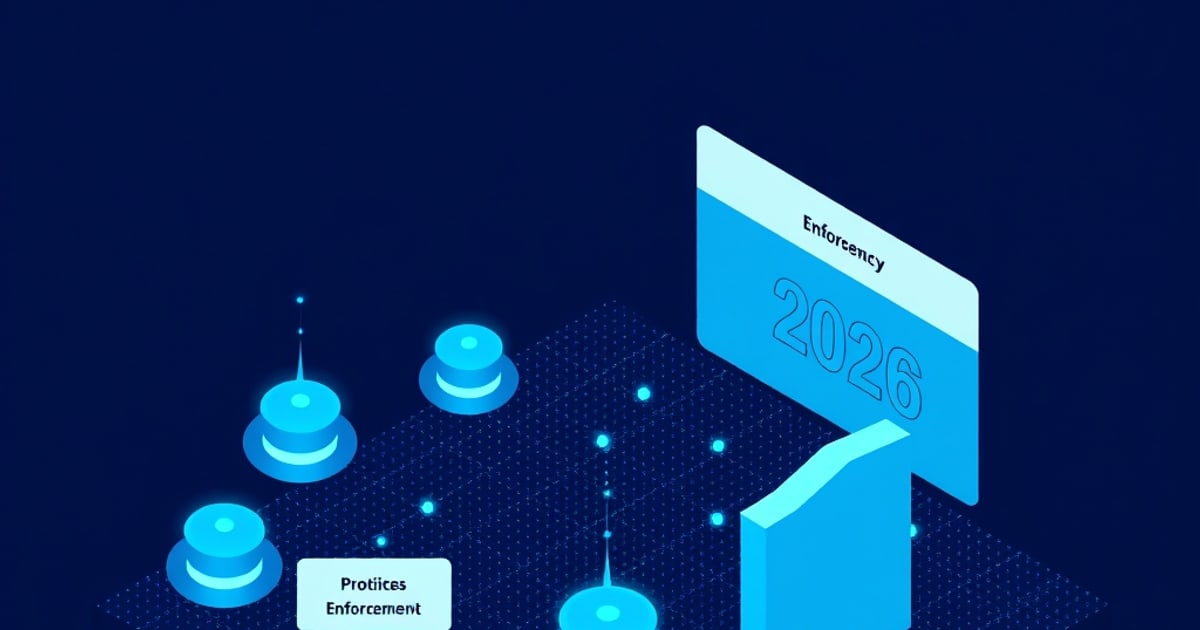 Isometric regulatory enforcement scene with AI Act compliance checkpoints and official audit processes